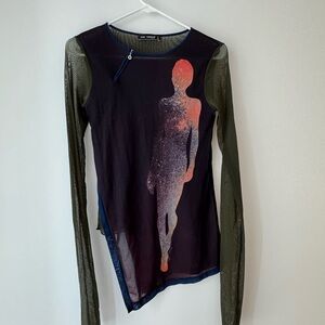 Cop.Copine Green Asymmetrical Graphic Long Sleeve Tee